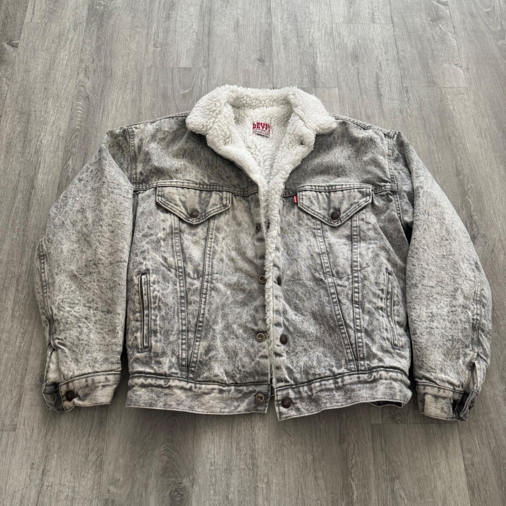 Levis Vintage Sherpa Lined Denim Trucker Jacket Grey Acid Wash Made in USA XL - Picture 1 of 8